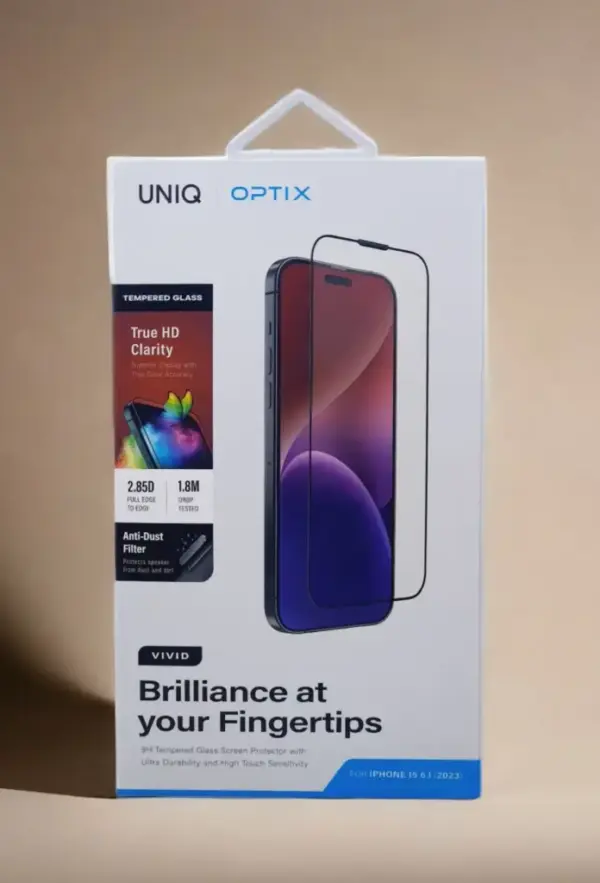 UNIQ OPTIX 9H TEMPERED GLASS SCREEN PROTECTOR WITH DURABILITY AND HIGH TOUGH SENSITIVITY FOR IPHONE 15 PRO MAX | VIVID